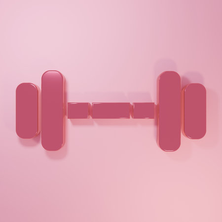 Pink Dumbbell icon isolated on pink background. Muscle lifting icon, fitness barbell, gym, sports equipment, exercise bumbbell. Minimalism concept. 3D render illustration.の写真素材