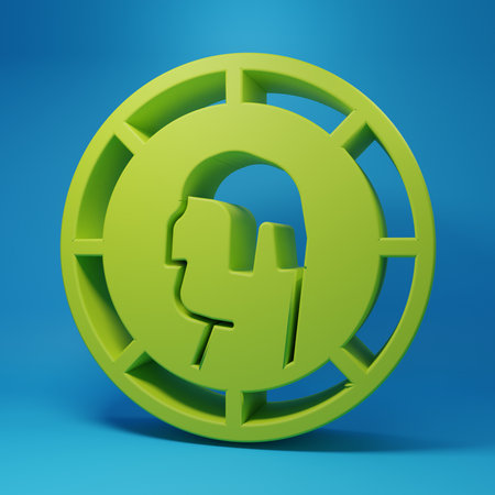 Green Ancient Greek coin icon isolated on blue background. Minimalism concept. 3D render illustration.の写真素材