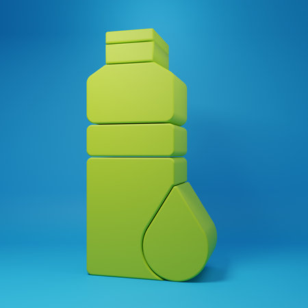 Green Fitness shaker icon isolated on blue background. Sports shaker bottle with lid for water and protein cocktails. Minimalism concept. 3D render illustration.の写真素材