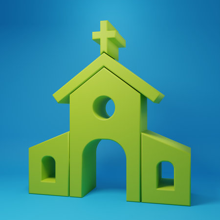 Green Church building icon isolated on blue background. Christian Church. Religion of church. Minimalism concept. 3D render illustration.の写真素材
