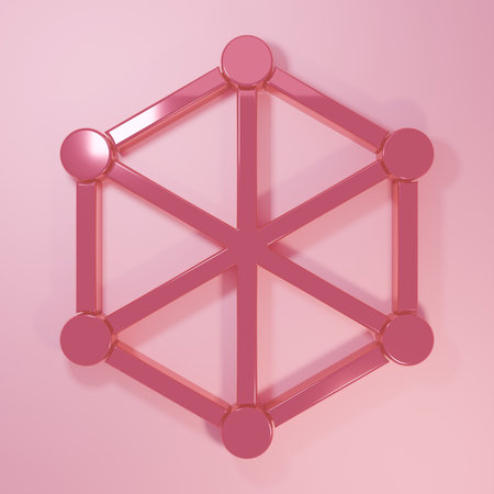 Pink Blockchain technology icon isolated on pink background. Cryptocurrency data. Abstract geometric block chain network technology business. Minimalism concept. 3D render illustration.の写真素材