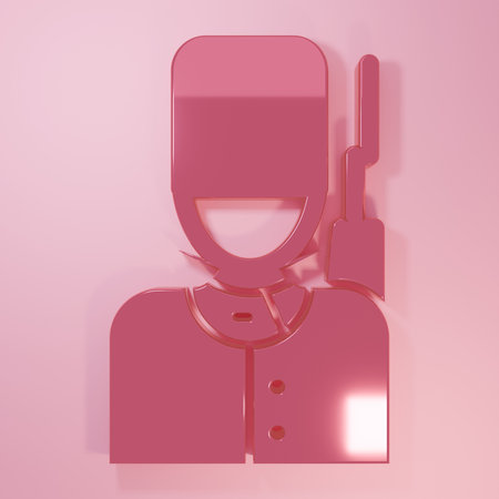 Pink British guardsman with bearskin hat marching icon isolated on pink background. Minimalism concept. 3D render illustration.の写真素材