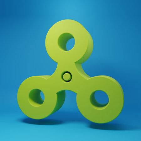 Green Fidget spinner icon isolated on blue background. Stress relieving toy. Trendy hand spinner. Minimalism concept. 3D render illustration.の写真素材