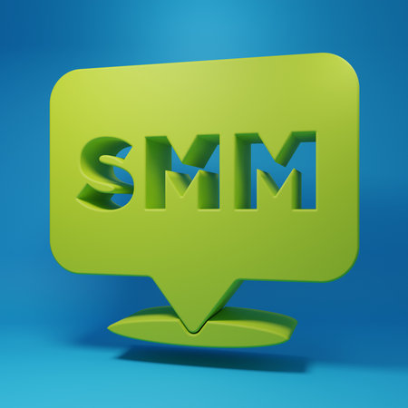Green SMM icon isolated on blue background. Social media marketing, analysis, advertising strategy development. Minimalism concept. 3D render illustration.の写真素材