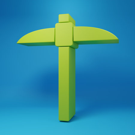 Green Pickaxe icon isolated on blue background. Blockchain technology, cryptocurrency mining, bitcoin, digital money market, cryptocoin wallet. Minimalism concept. 3D render illustration.の写真素材