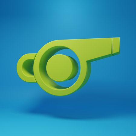 Green Whistle icon isolated on blue background. Referee symbol. Fitness and sport sign. Minimalism concept. 3D render illustration.の写真素材