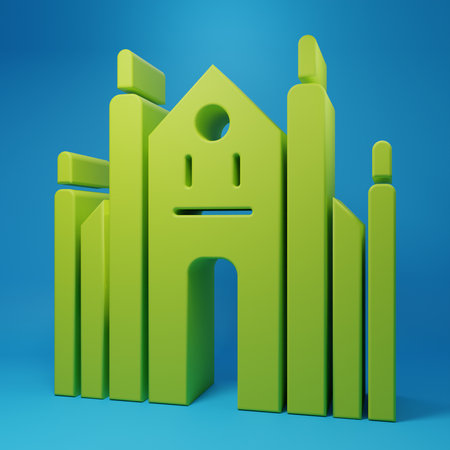 Green Milan Cathedral or Duomo di Milano icon isolated on blue background. Famous landmark of Milan, Italy. Minimalism concept. 3D render illustration.の写真素材