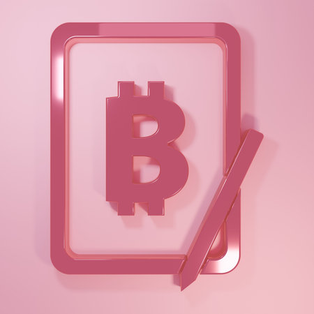 Pink Mining bitcoin from graphic tablet icon isolated on pink background. Cryptocurrency mining, blockchain technology service. Minimalism concept. 3D render illustration.の写真素材