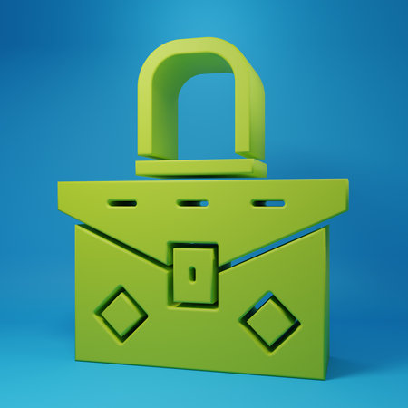 Green Handbag icon isolated on blue background. Female handbag sign. Glamor casual baggage symbol. Minimalism concept. 3D render illustration.の写真素材