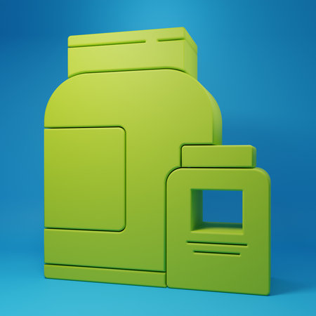 Green Sports nutrition bodybuilding proteine power drink and food icon isolated on blue background. Minimalism concept. 3D render illustration.の写真素材