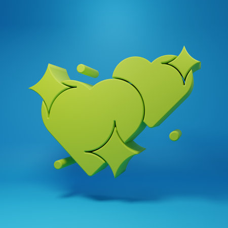 Green Two Linked Hearts icon isolated on blue background. Romantic symbol linked, join, passion and wedding. Valentine day symbol. Minimalism concept. 3D render illustration.の写真素材