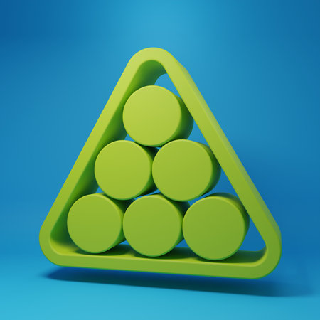 Green Billiard balls in a rack triangle icon isolated on blue background. Minimalism concept. 3D render illustration.の写真素材