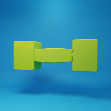 Green Dumbbell icon isolated on blue background. Muscle lifting icon, fitness barbell, gym, sports equipment, exercise bumbbell. Minimalism concept. 3D render illustration.の写真素材