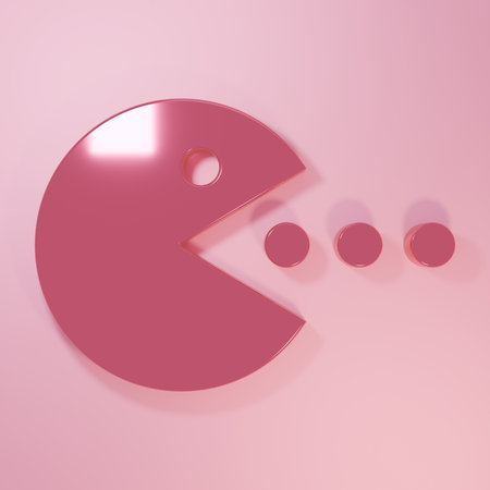 Pink Pacman with eat icon isolated on pink background. Arcade game icon. Pac man sign. Minimalism concept. 3D render illustration.の写真素材