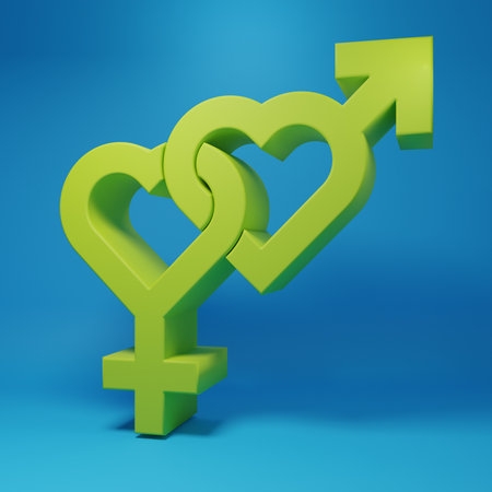 Green Gender icon isolated on blue background. Symbols of men and women. Sex symbol. Minimalism concept. 3D render illustration.の写真素材