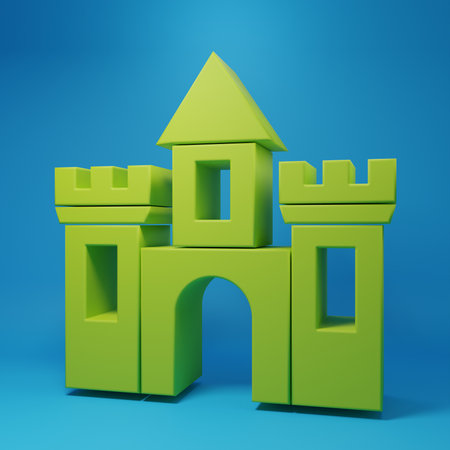 Green Castle icon isolated on blue background. Medieval fortress with a tower. Protection from enemies. Reliability and defense of the city. Minimalism concept. 3D render illustration.の写真素材