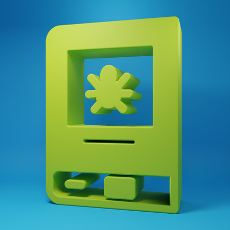 Green Book about insect icon isolated on blue background. Minimalism concept. 3D render illustration.の写真素材