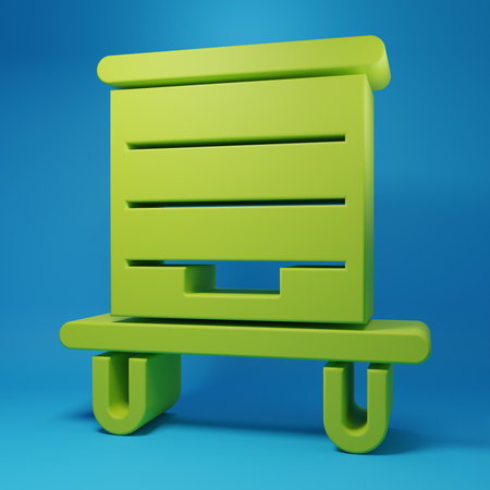 Green Hive for bees icon isolated on blue background. Beehive symbol. Apiary and beekeeping. Sweet natural food. Minimalism concept. 3D render illustration.の写真素材