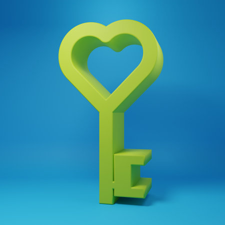 Green Key in heart shape icon isolated on blue background. Valentines day symbol. Minimalism concept. 3D render illustration.の写真素材