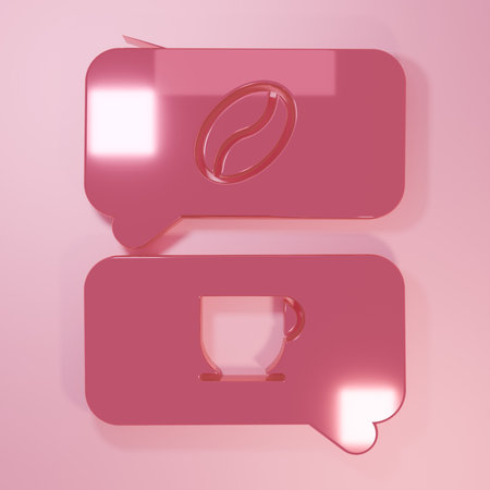 Pink Coffee and conversation icon isolated on pink background. Coffee talk. Speech bubbles chat. Minimalism concept. 3D render illustration.の写真素材