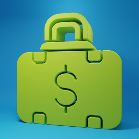 Green Briefcase and money icon isolated on blue background. Business case sign. Business portfolio. Minimalism concept. 3D render illustration.の写真素材