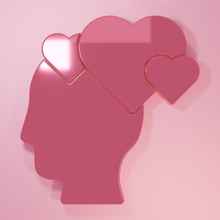 Pink Human head with heart icon isolated on pink background. Love concept with human head. Minimalism concept. 3D render illustration.の写真素材