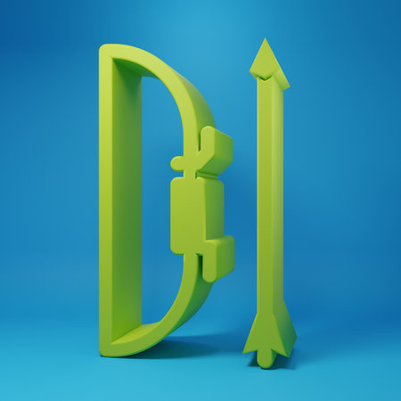 Green Bow and arrow in quiver icon isolated on blue background. Minimalism concept. 3D render illustration.の写真素材