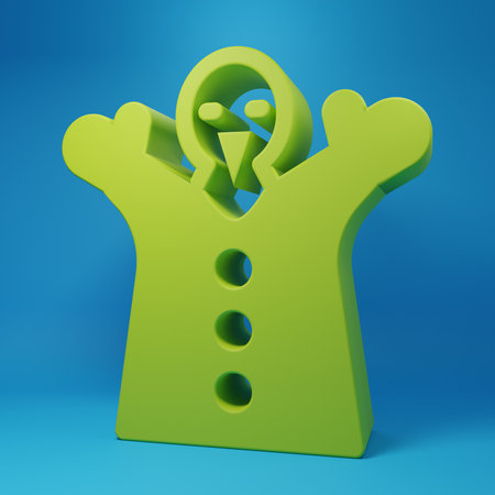 Green Toy puppet doll on hand icon isolated on blue background. Minimalism concept. 3D render illustration.の写真素材