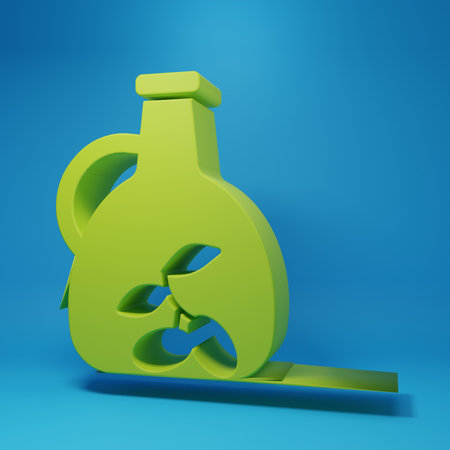 Green Bottle of olive oil icon isolated on blue background. Jug with olive oil icon. Minimalism concept. 3D render illustration.の写真素材