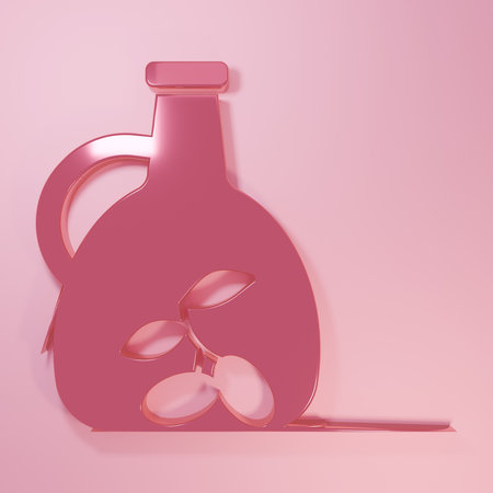 Pink Bottle of olive oil icon isolated on pink background. Jug with olive oil icon. Minimalism concept. 3D render illustration.の写真素材