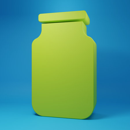 Green Glass jar with screw-cap icon isolated on blue background. Minimalism concept. 3D render illustration.の写真素材