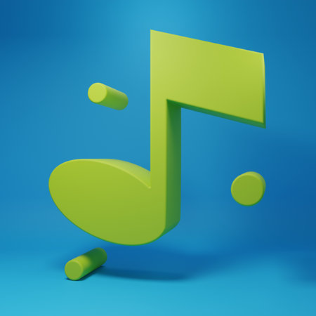 Green Music note, tone icon isolated on blue background. Minimalism concept. 3D render illustration.の写真素材