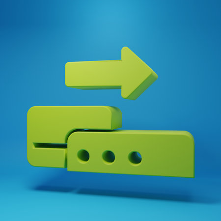 Green Pos terminal with inserted credit card icon isolated on blue background. Payment terminal transaction. Pay by card. Minimalism concept. 3D render illustration.の写真素材