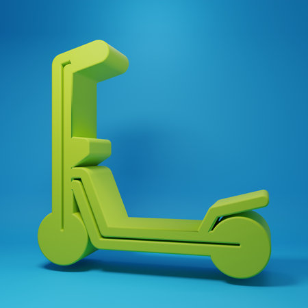 Green Roller scooter for children icon isolated on blue background. Kick scooter or balance bike. Minimalism concept. 3D render illustration.の写真素材