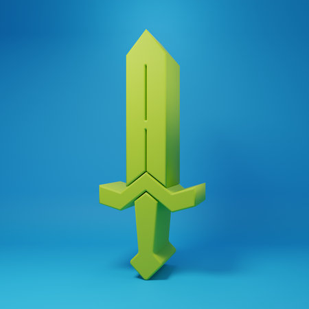 Green Medieval sword icon isolated on blue background. Medieval weapon. Minimalism concept. 3D render illustration.の写真素材