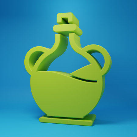 Green Bottle of olive oil icon isolated on blue background. Jug with olive oil icon. Minimalism concept. 3D render illustration.の写真素材