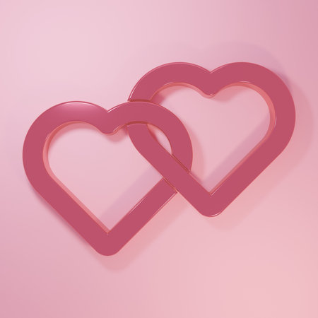 Pink Two Linked Hearts icon isolated on pink background. Romantic symbol linked, join, passion and wedding. Valentine day symbol. Minimalism concept. 3D render illustration.の写真素材