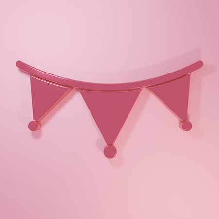Pink Carnival garland with flags icon isolated on pink background. Party pennants for birthday celebration, festival decoration. Minimalism concept. 3D render illustration.の写真素材