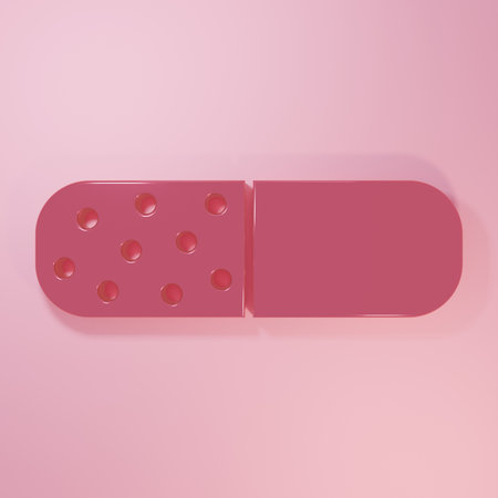 Pink Vitamin complex of pill icon isolated on pink background. Healthy lifestyle. Minimalism concept. 3D render illustration.の写真素材