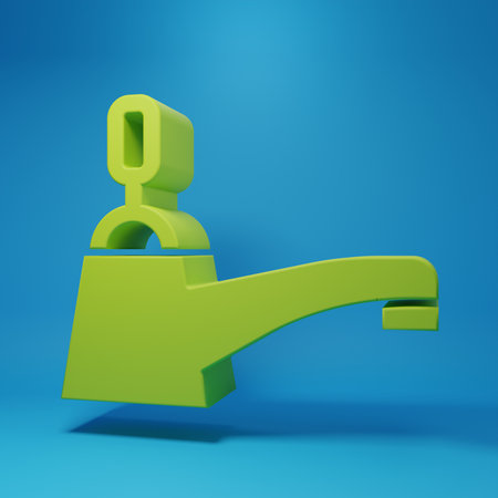 Green Water tap icon isolated on blue background. Minimalism concept. 3D render illustration.の写真素材