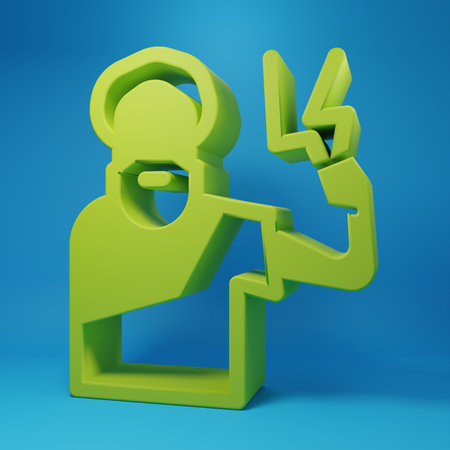 Green Zeus icon isolated on blue background. Greek god God of Lightning. Minimalism concept. 3D render illustration.の写真素材