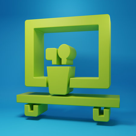 Green Washbasin mirror icon isolated on blue background. Bathroom interior with a mirror. Minimalism concept. 3D render illustration.の写真素材