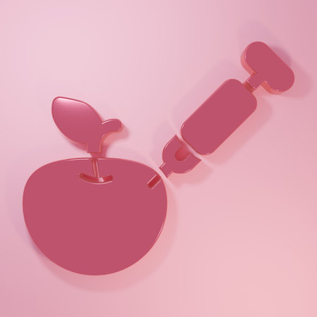 Pink Genetically modified apple icon isolated on pink background. GMO fruit. Syringe being injected to apple. Minimalism concept. 3D render illustration.の写真素材
