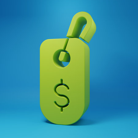 Green Price tag with dollar icon isolated on blue background. Badge for price. Sale with dollar symbol. Promo tag discount. Minimalism concept. 3D render illustration.の写真素材