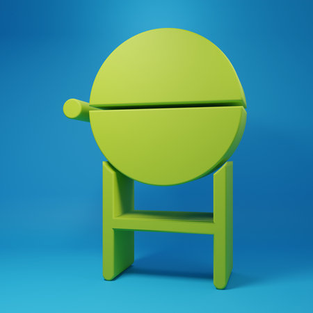 Green Barbecue grill icon isolated on blue background. BBQ grill party. Minimalism concept. 3D render illustration.の写真素材