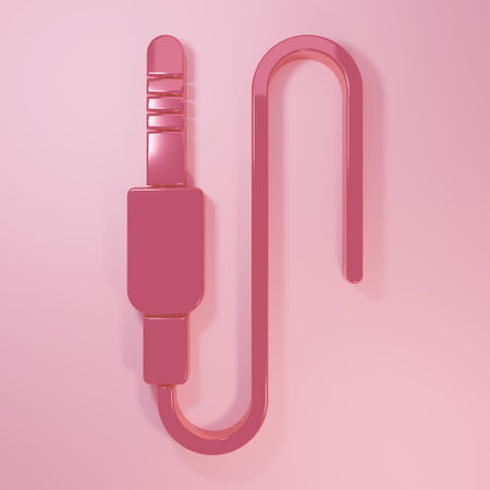 Pink Audio jack icon isolated on pink background. Audio cable for connection sound equipment. Plug wire. Musical instrument. Minimalism concept. 3D render illustration.の写真素材