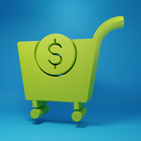 Green Shopping cart and dollar symbol icon isolated on blue background. Online buying concept. Delivery service. Supermarket basket. Minimalism concept. 3D render illustration.の写真素材