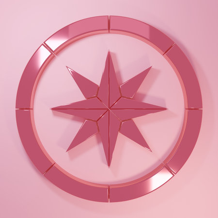 Pink Compass icon isolated on pink background. Windrose navigation symbol. Wind rose sign. Minimalism concept. 3D render illustration.の写真素材
