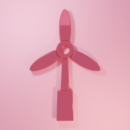 Pink Wind turbine icon isolated on pink background. Wind generator sign. Windmill for electric power production. Minimalism concept. 3D render illustration.の写真素材