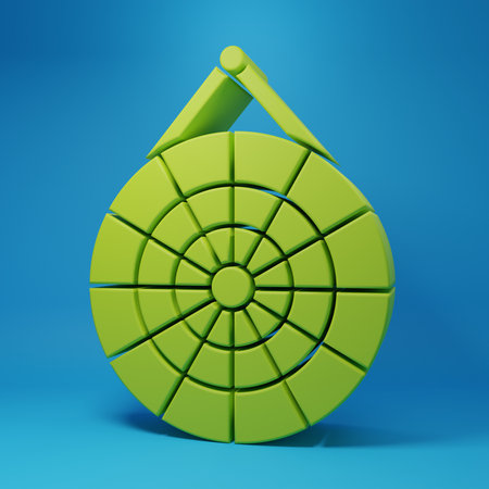 Green Classic dart board and arrow icon isolated on blue background. Dartboard sign. Game concept. Minimalism concept. 3D render illustration.の写真素材